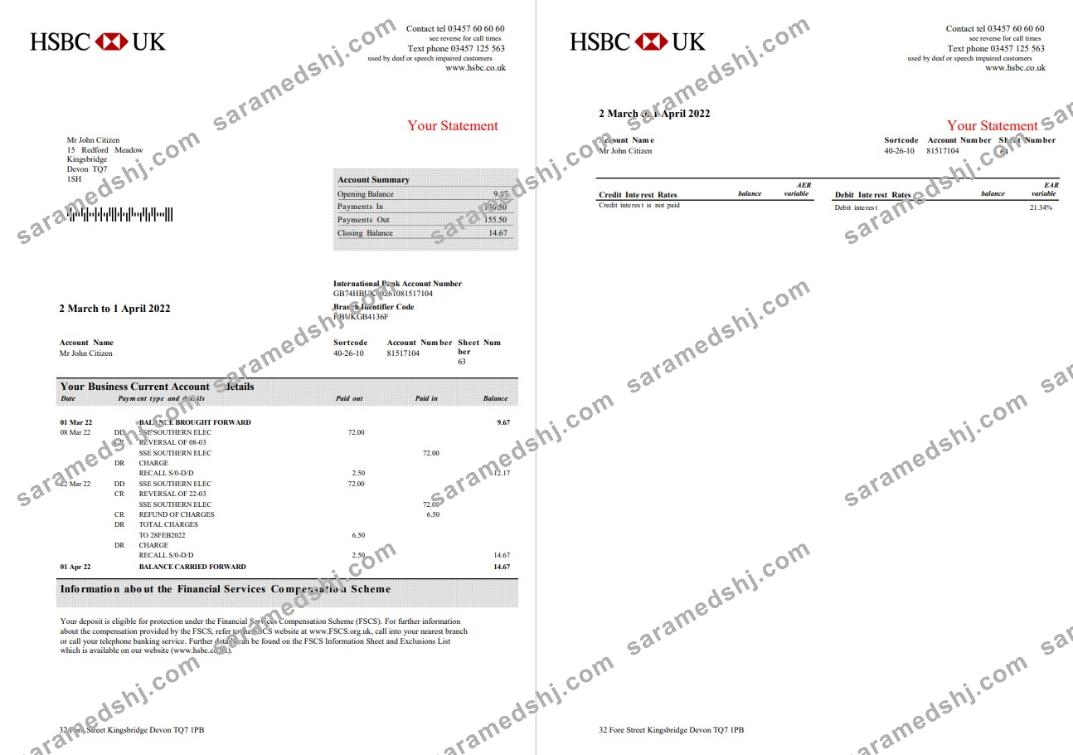 United Kingdom HSBC bank business account statement Word and PDF template, 3 pages